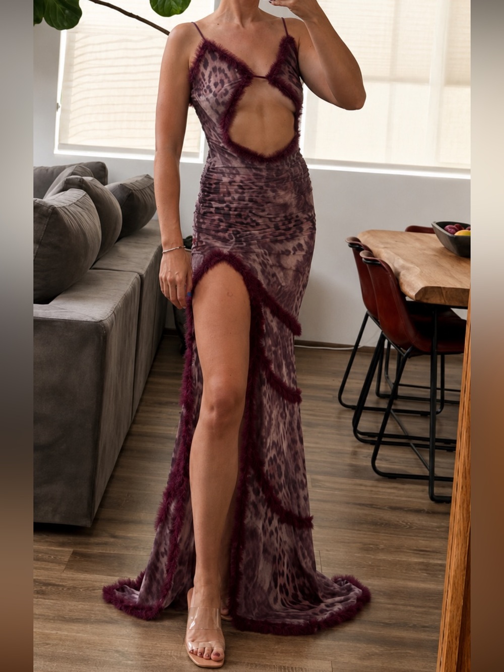 Women’s Burgundy Cutout Maxi Dress with ruffleTrim